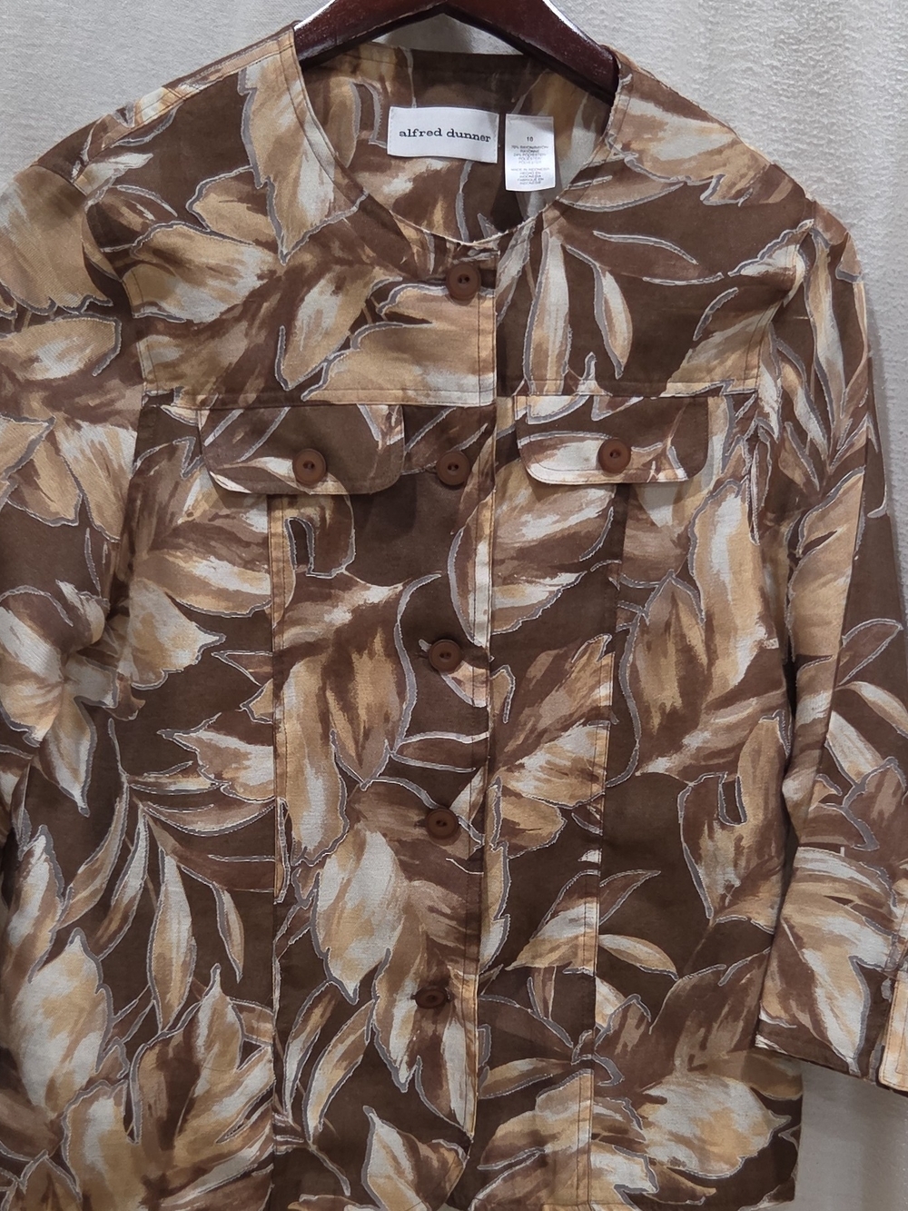 Alfred Dunner Womens Brown Beige Floral Button Front 3/4 Sleeve Jacket Sz 10